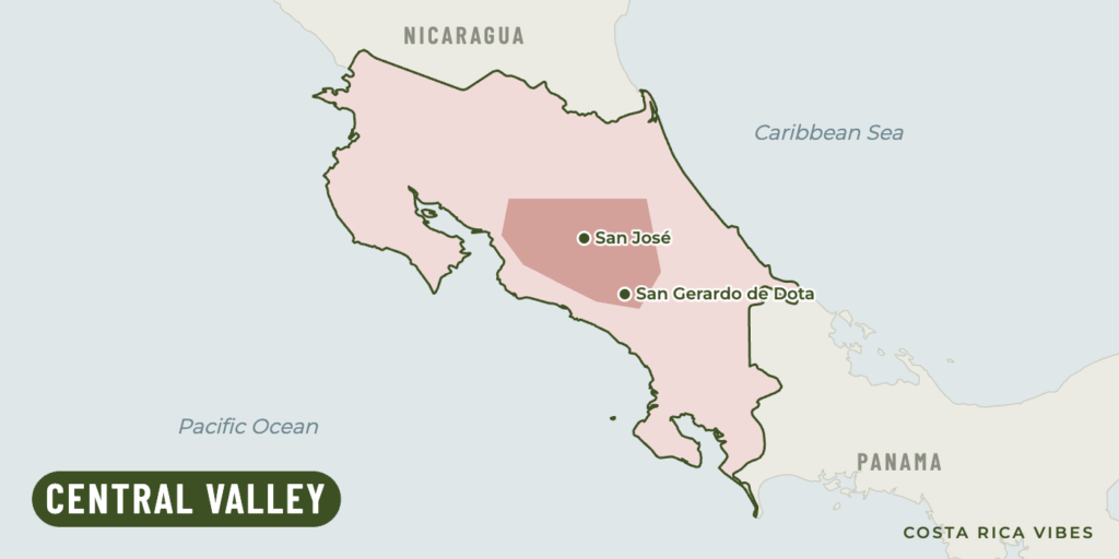 Map of Costa Rica with the Central Valley region highlighted