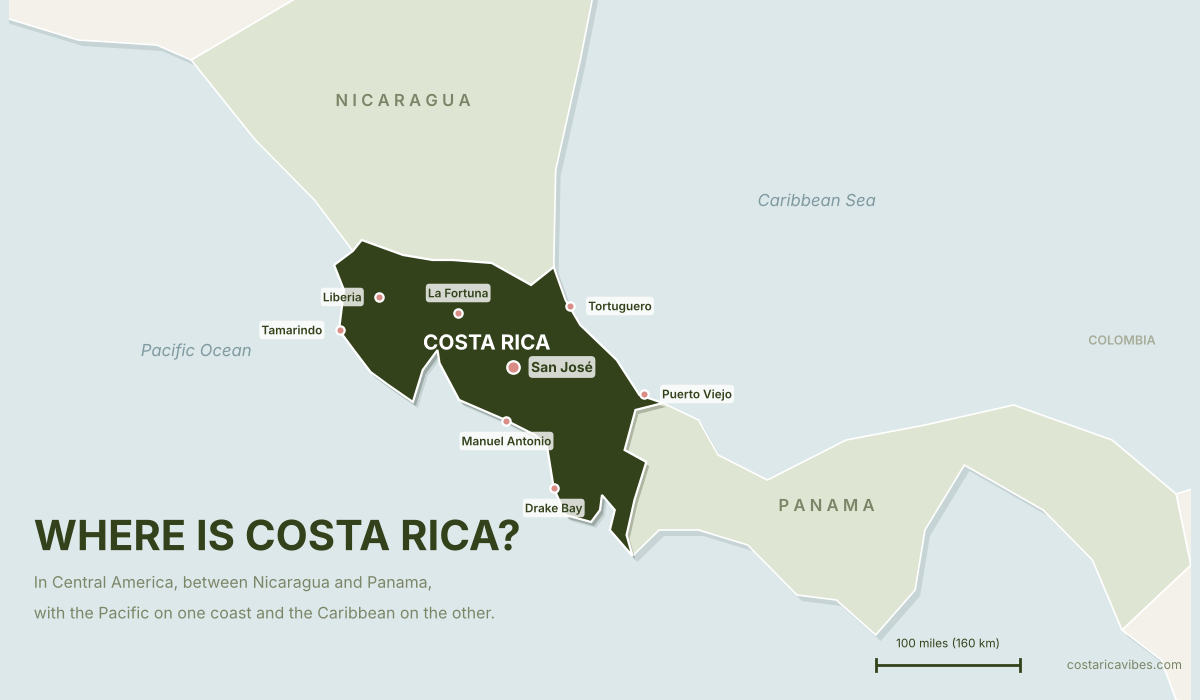 Costa Rica on a map of Central America, between Nicaragua and Panama, with the Pacific Ocean and Caribbean Sea
