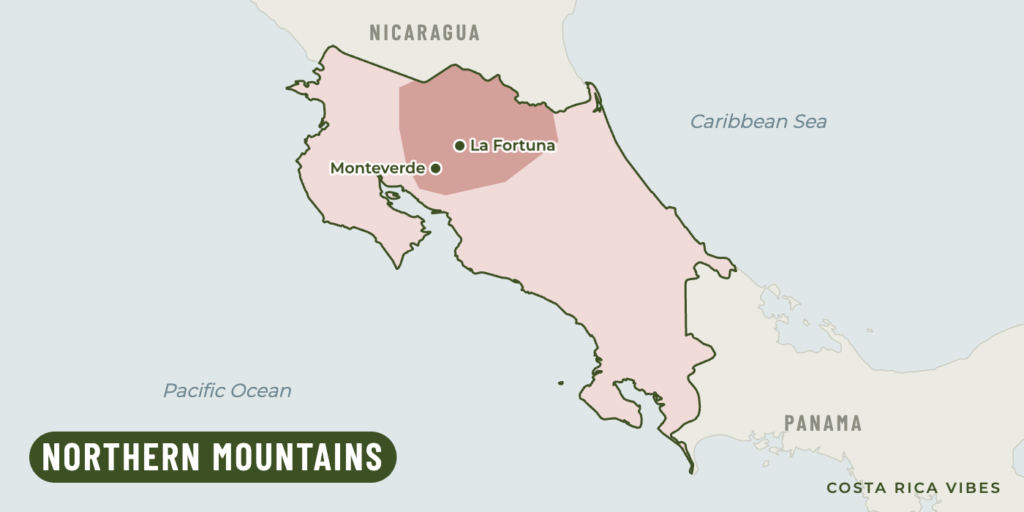 Map of Costa Rica with the Northern Mountains region highlighted