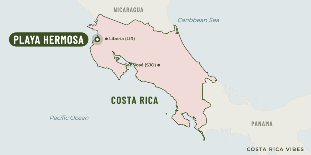 Map of Costa Rica showing where Playa Hermosa is