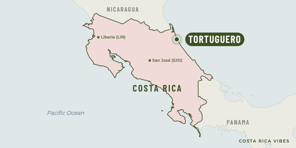 Map of Costa Rica showing where Tortuguero is